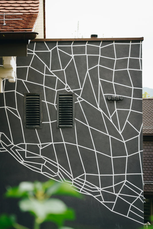 white and black tribal wall at the building