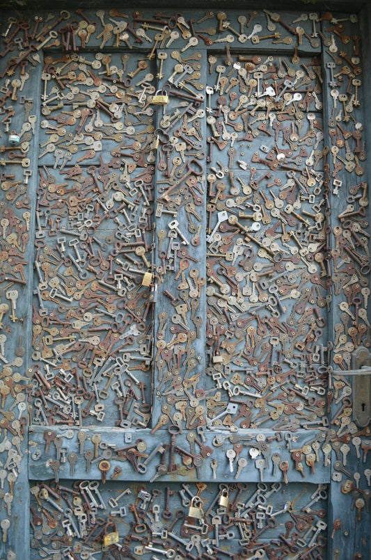 A large metal door with a bunch of locks on it