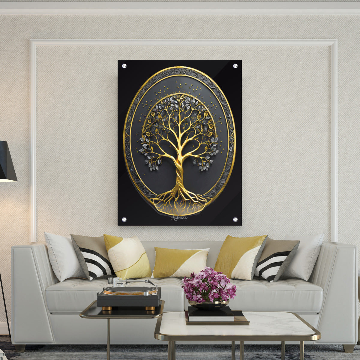 oval gold on black metal tree of