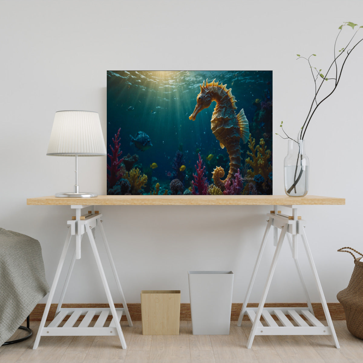 Stunning Seahorse Artwork: Durable Metal White Matte Aluminum with Vibrant Sublimation Printing