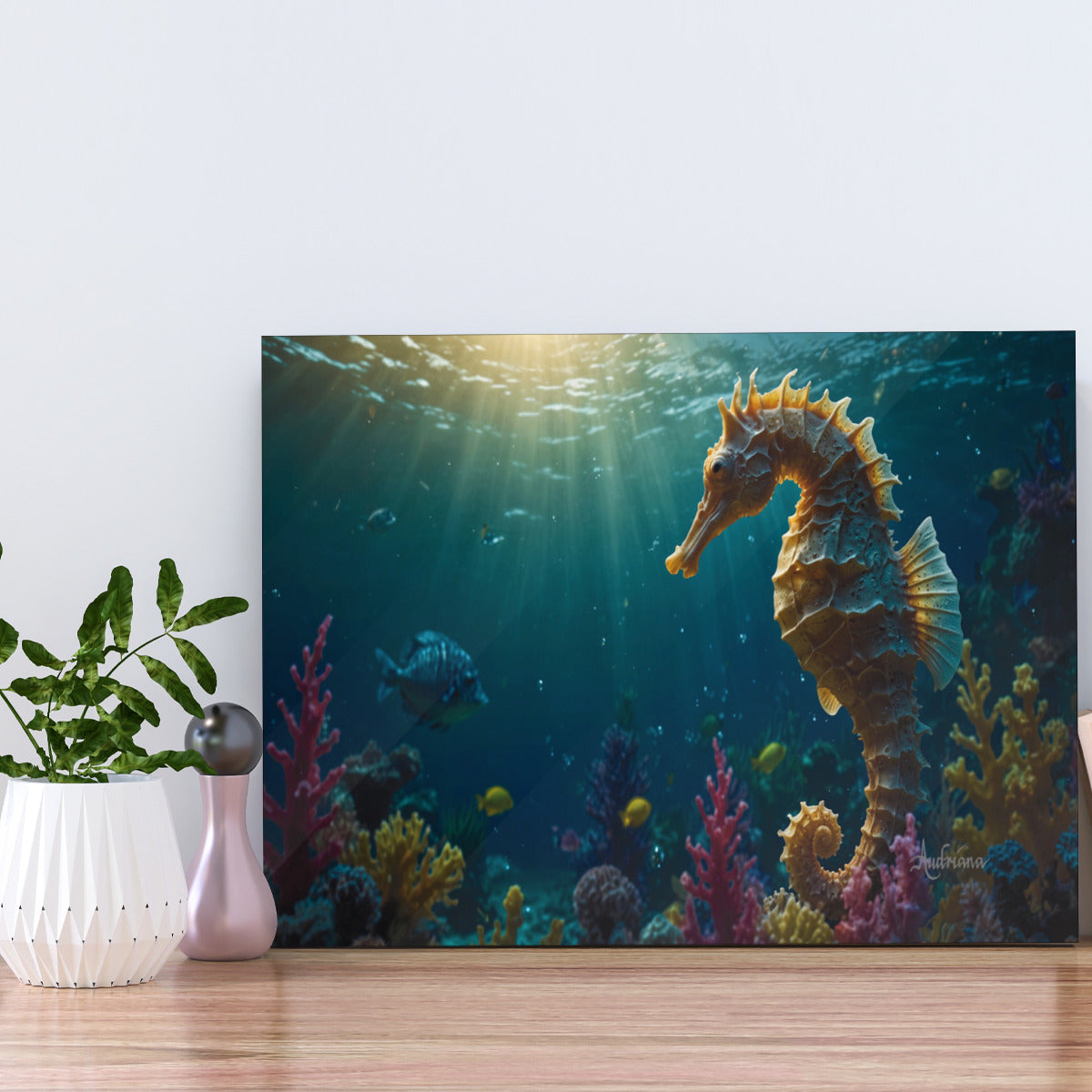 Stunning Seahorse Artwork: Durable Metal White Matte Aluminum with Vibrant Sublimation Printing