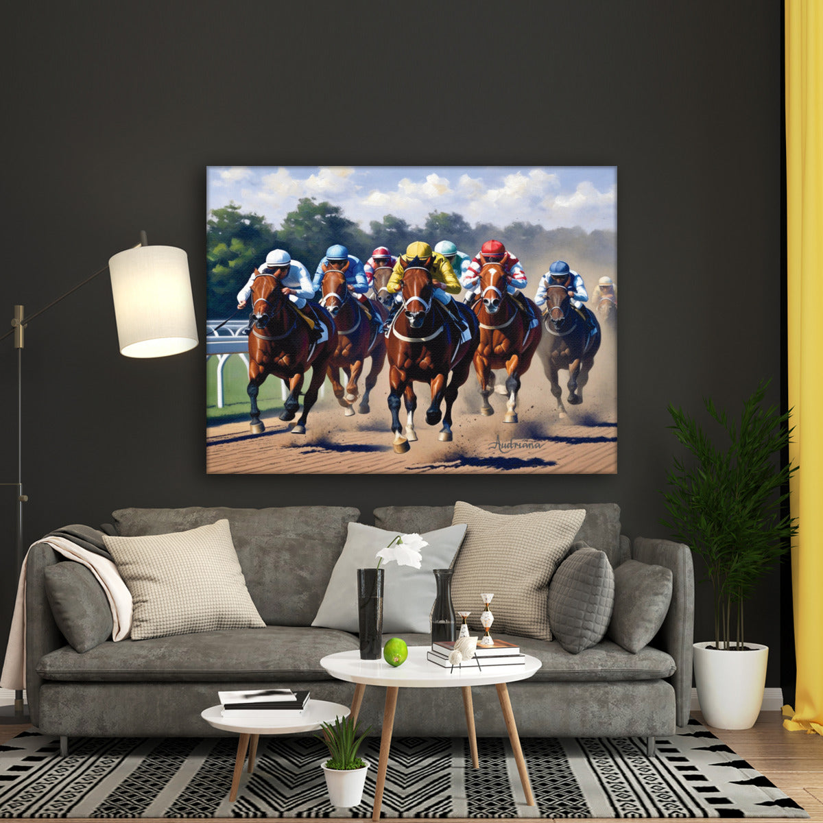 vivacious horse race with jockeys at a race track