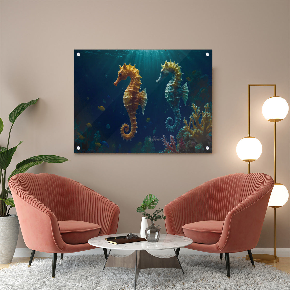 metal wall art wo seahorses with sun rays penetrating the ocean