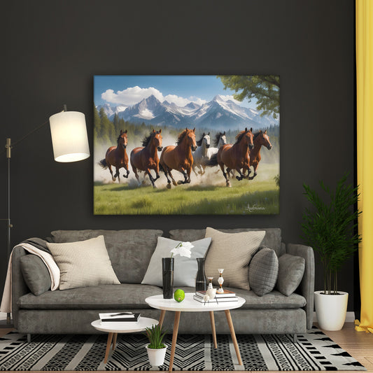 seven wild horses running in meadow with mountains  and blue sky background