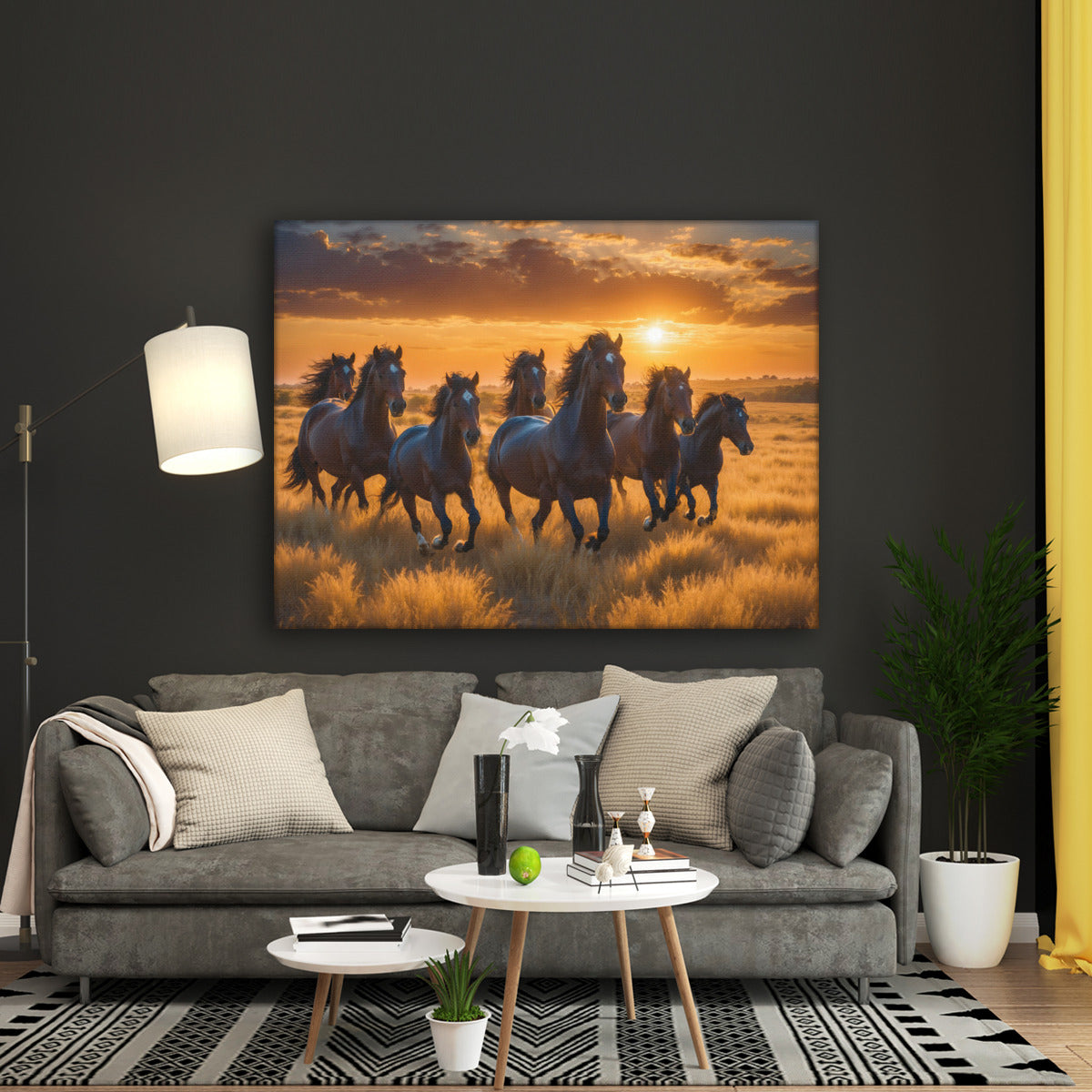 7 running wild horses painted on canvas