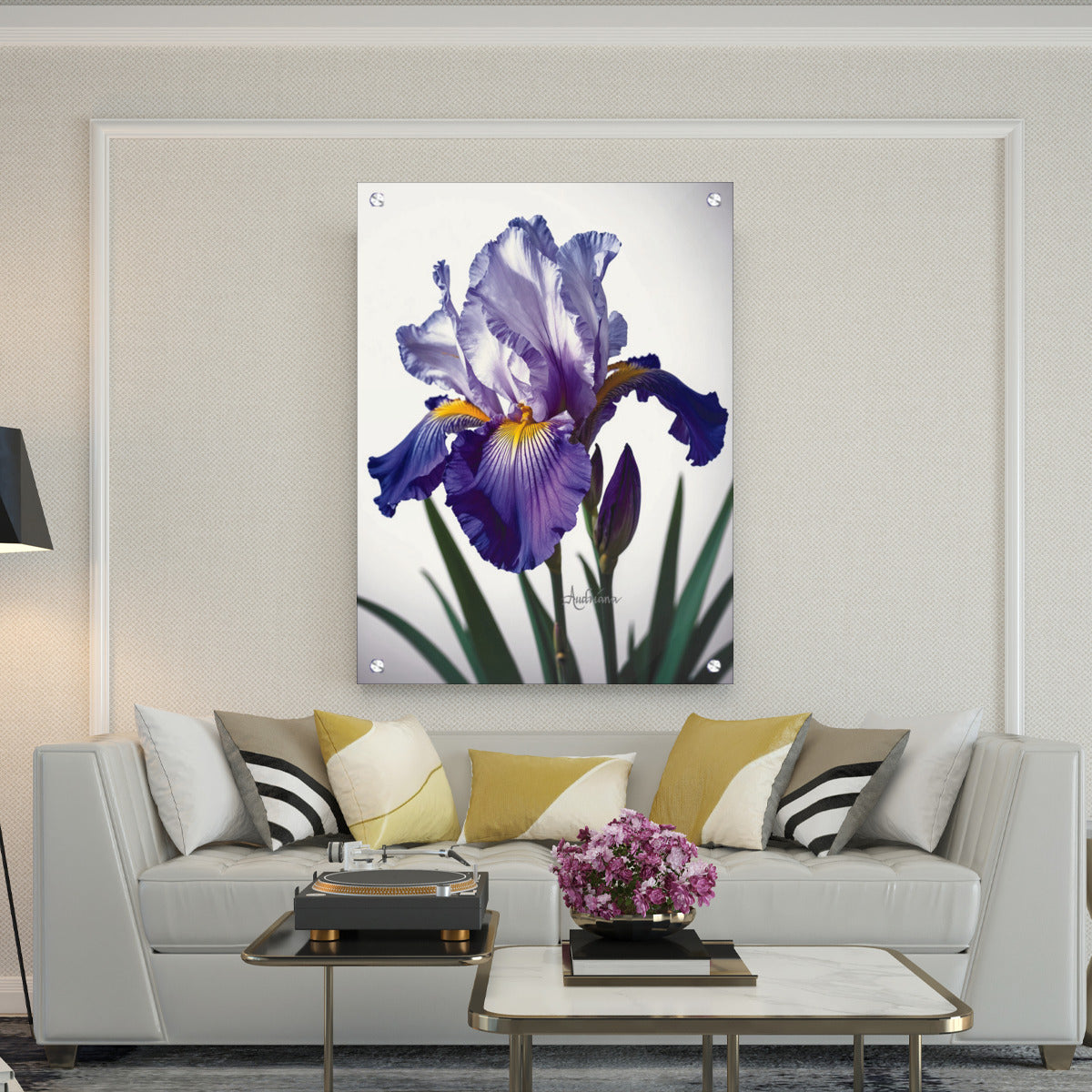 beautiful metal wall art of large purple iris