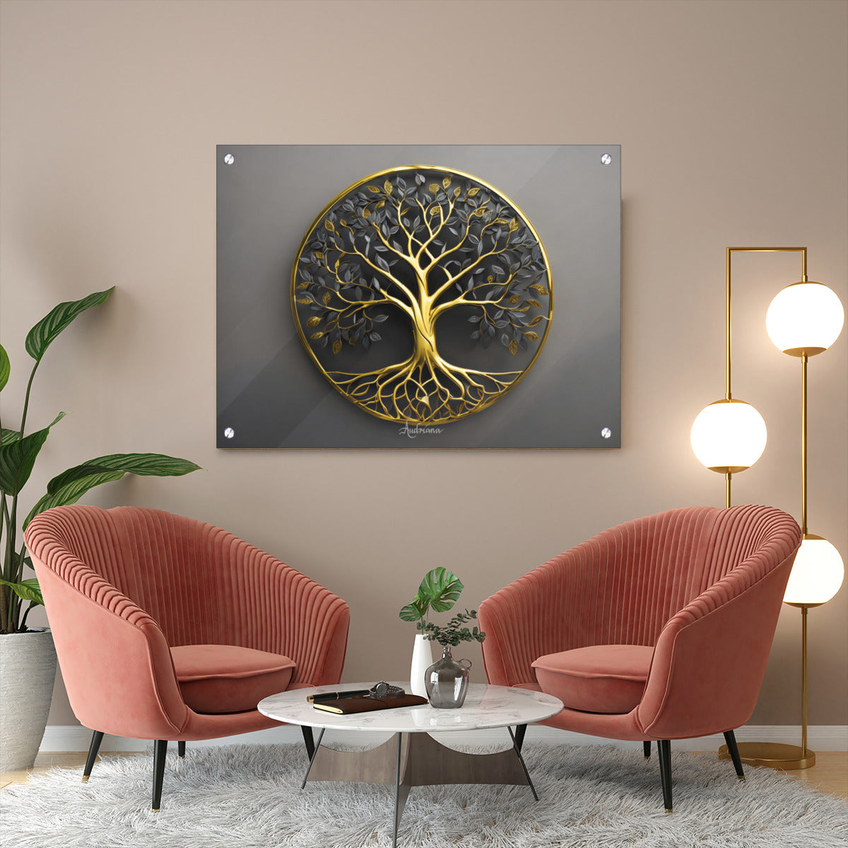 round metal image of gold tree of life on gray  rectangle metal wall art