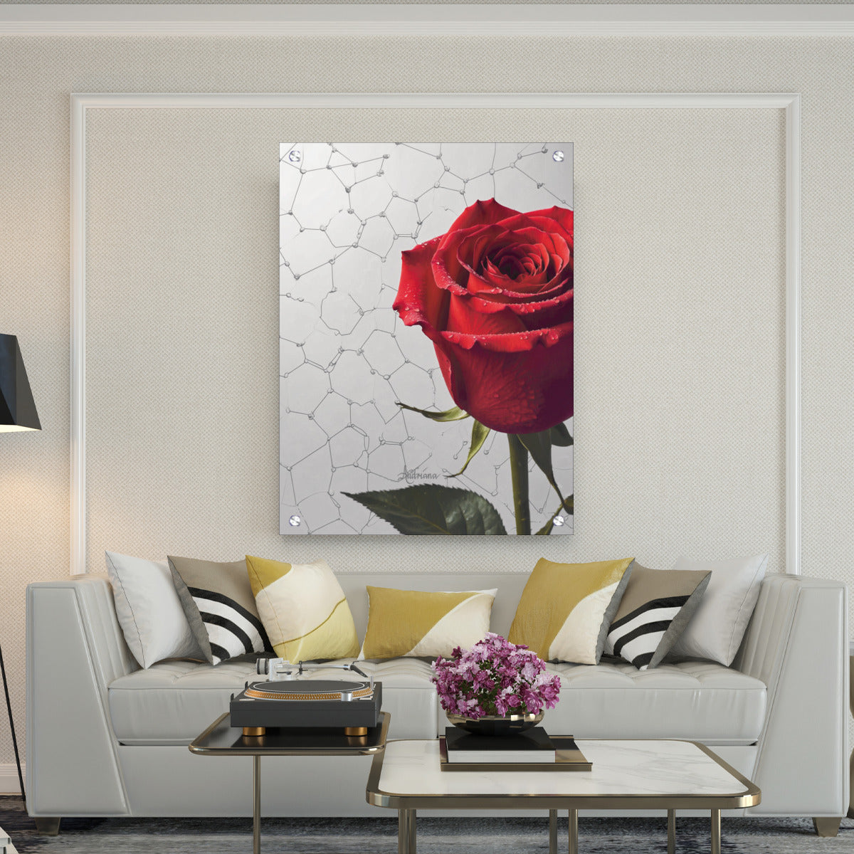 metal wall hanging of enormous red rose