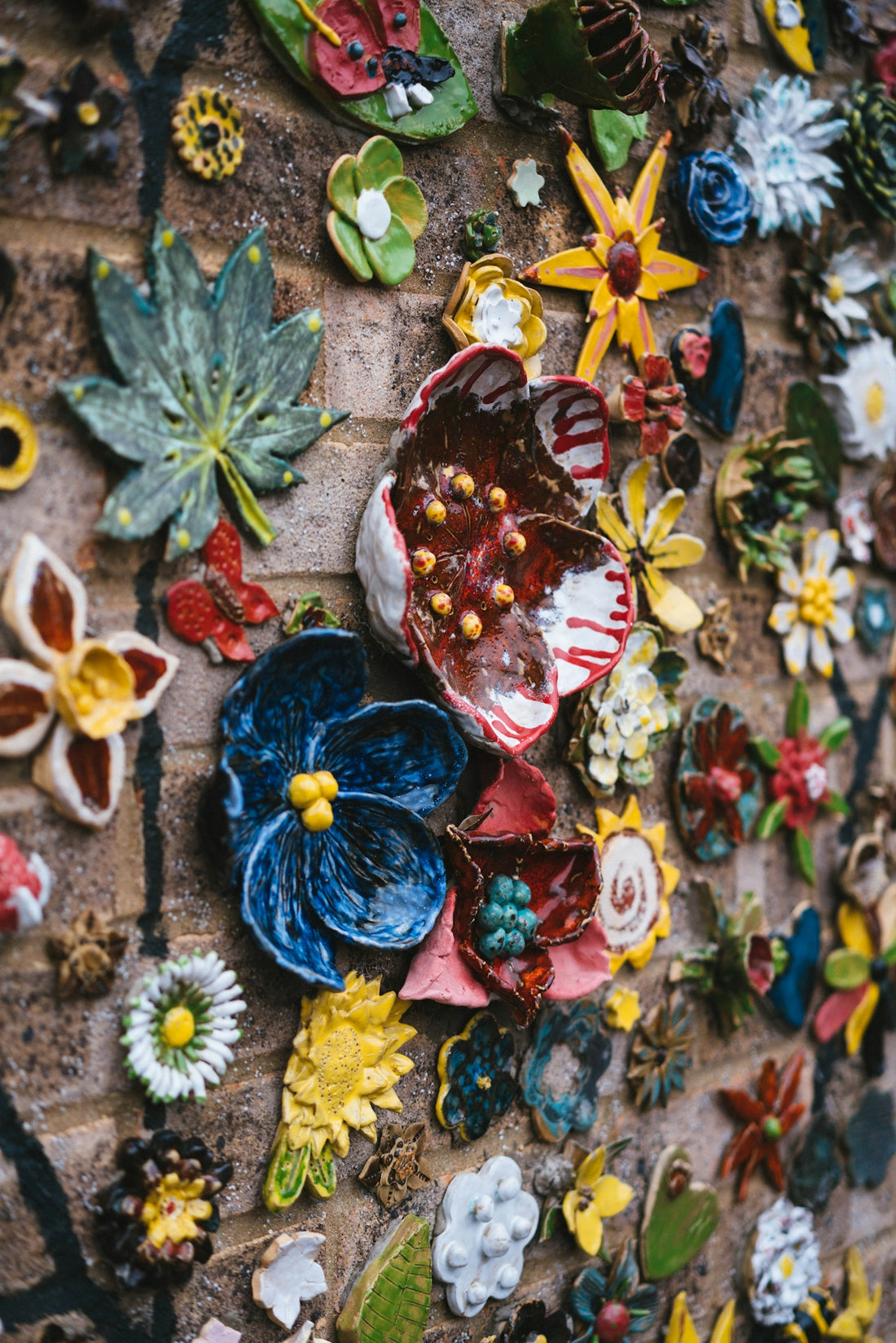 a close up of a bunch of flowers on a wall