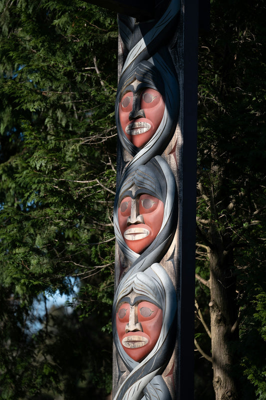 A totem pole with two faces painted on it