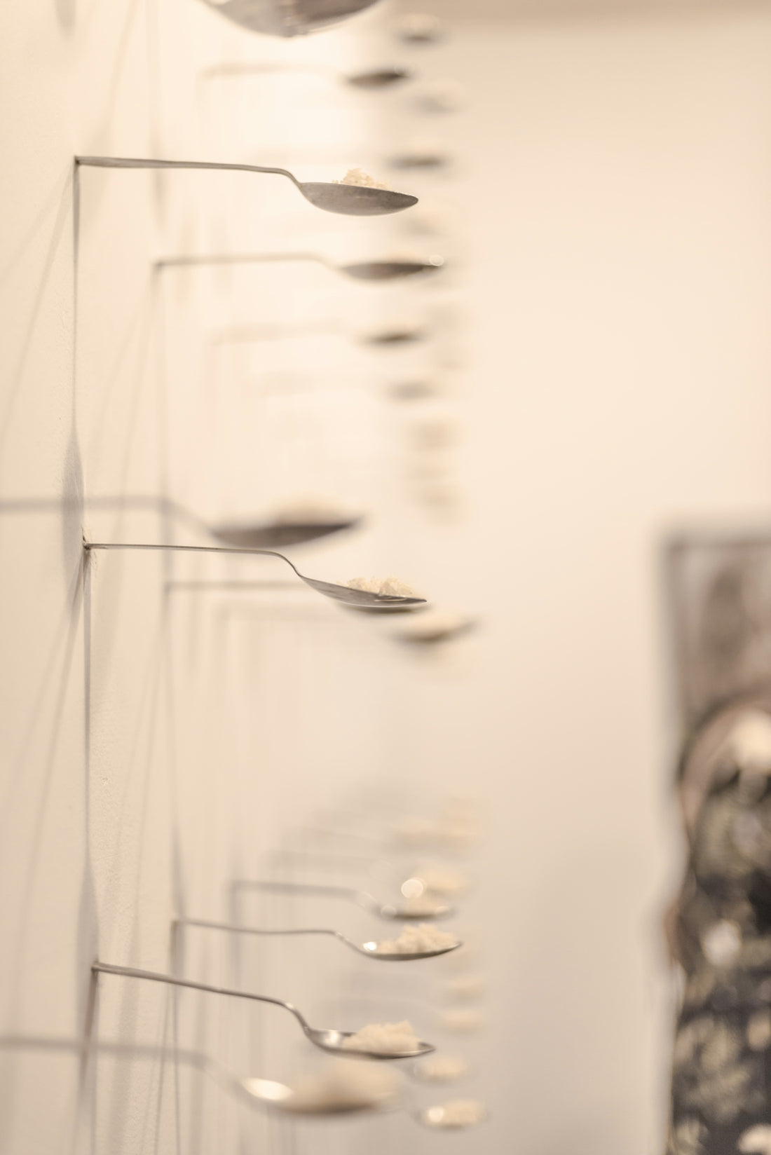 Spoons hanging on a wall in a kitchen