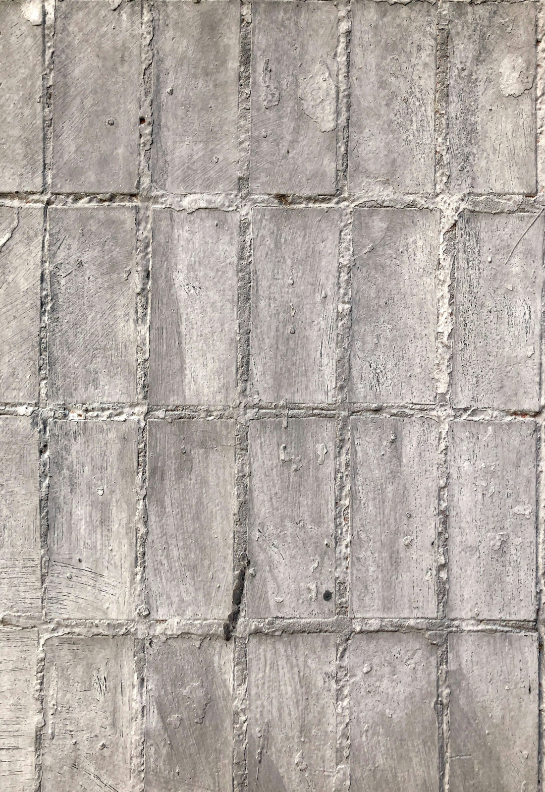 A close-up of a weathered, grey tiled wall