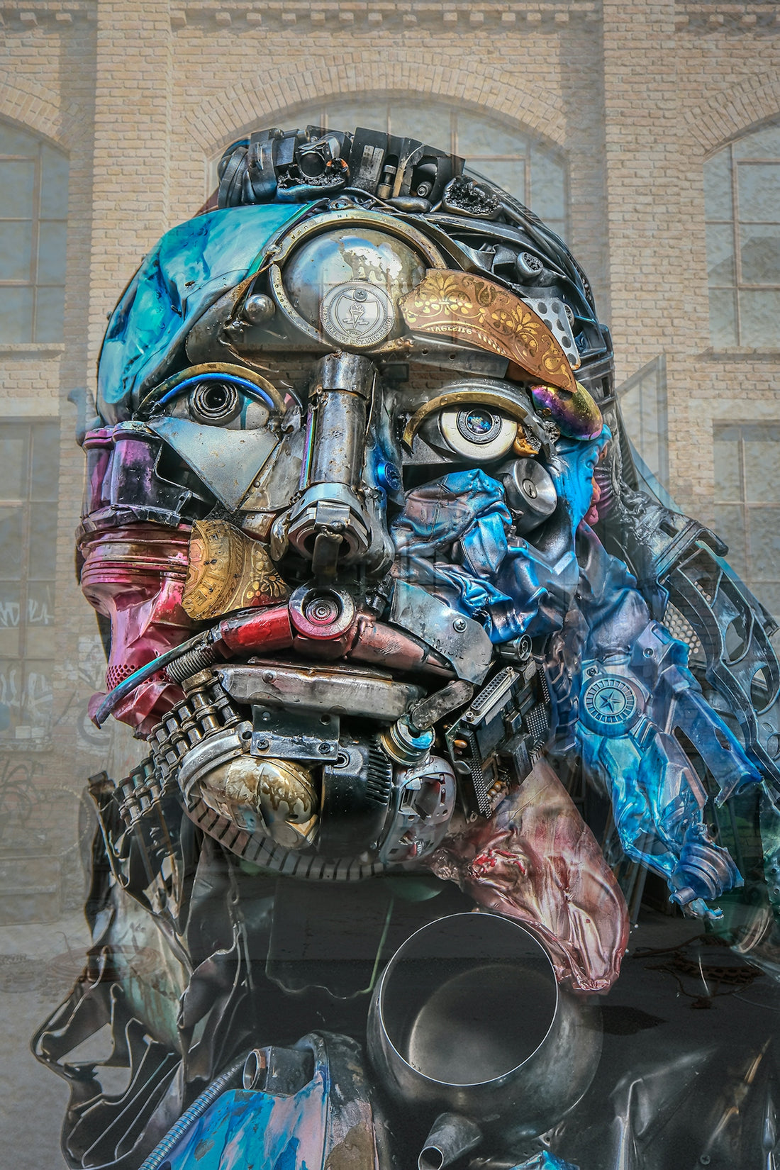 Sculpture of a human face made from recycled metal parts.