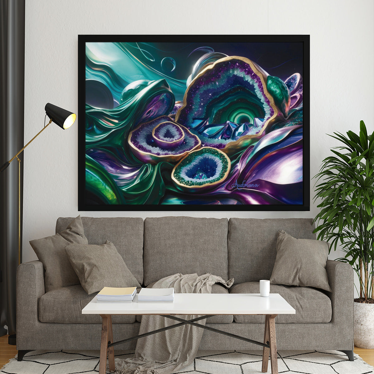 abstract art painting of blue, green, and purple gemstones inside of broken open geodes