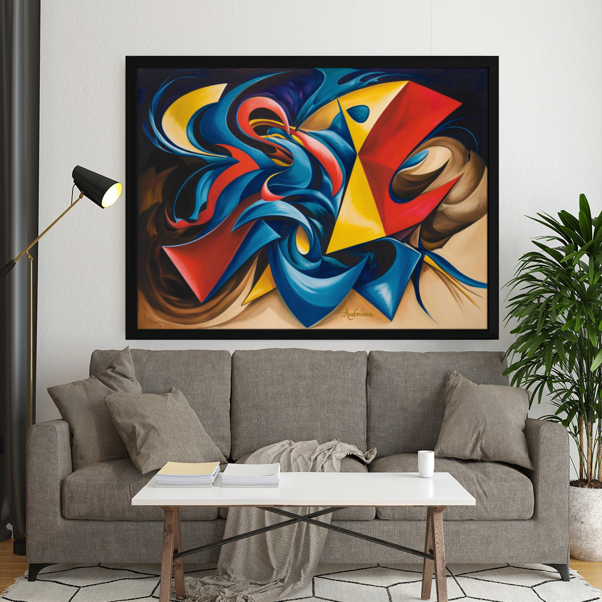 abstract art of blue, red, and yellow shapes with black and yellow background