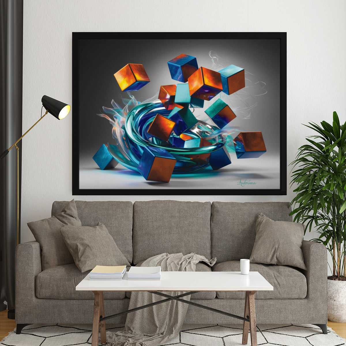 abstract painting of whirling orange and blue cubes