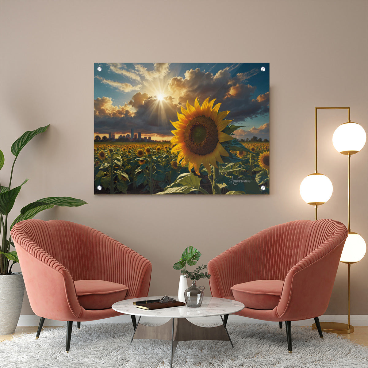 large sunflower canvas art in field of sunflowers  with cityscape and luminous clouds in the sky