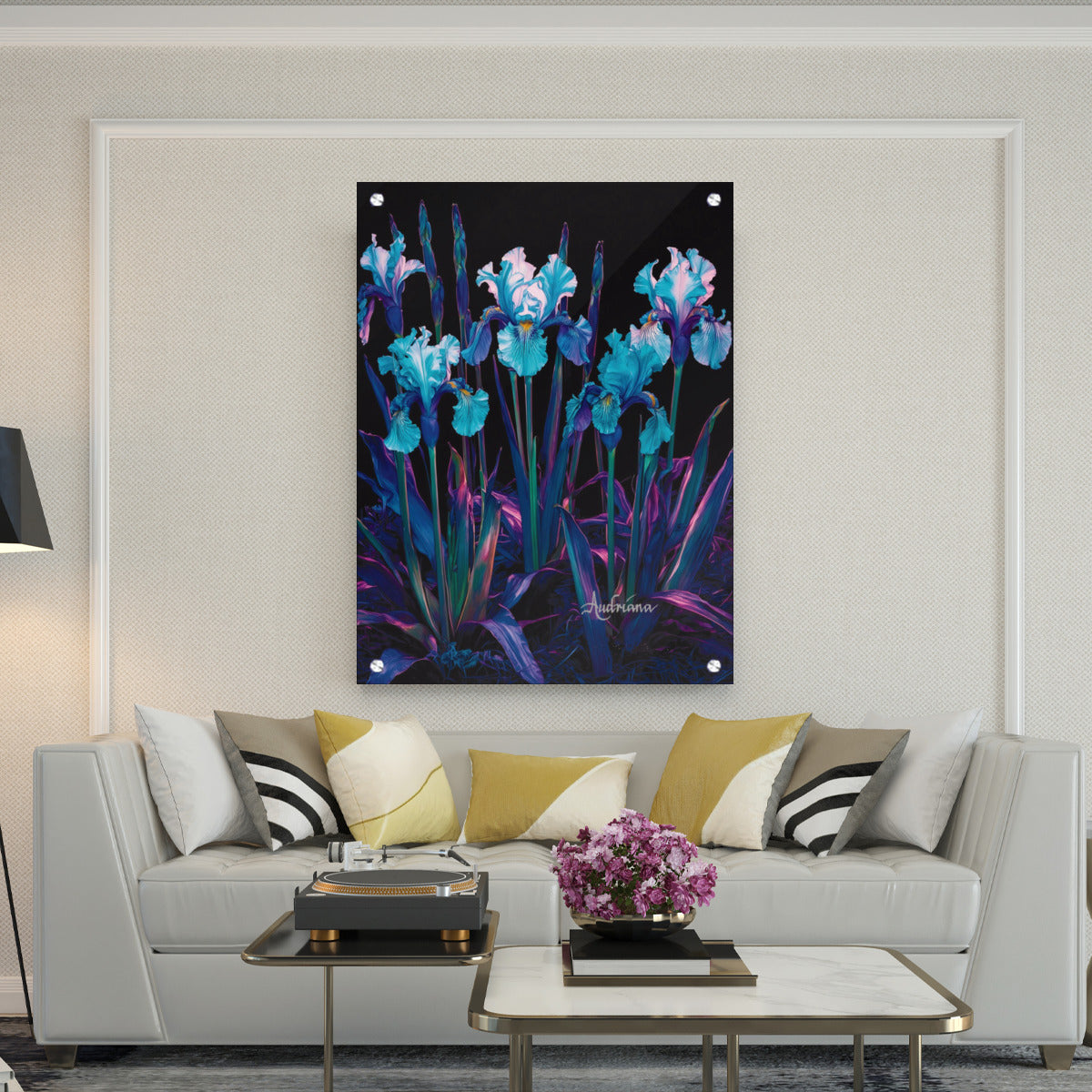metal art print of irises blues and purples