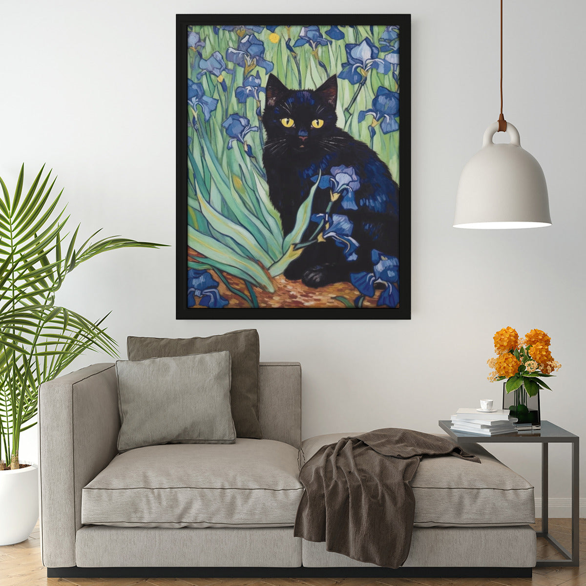 black cat in irises vincent van gogh wall art painting framed canvas artwork